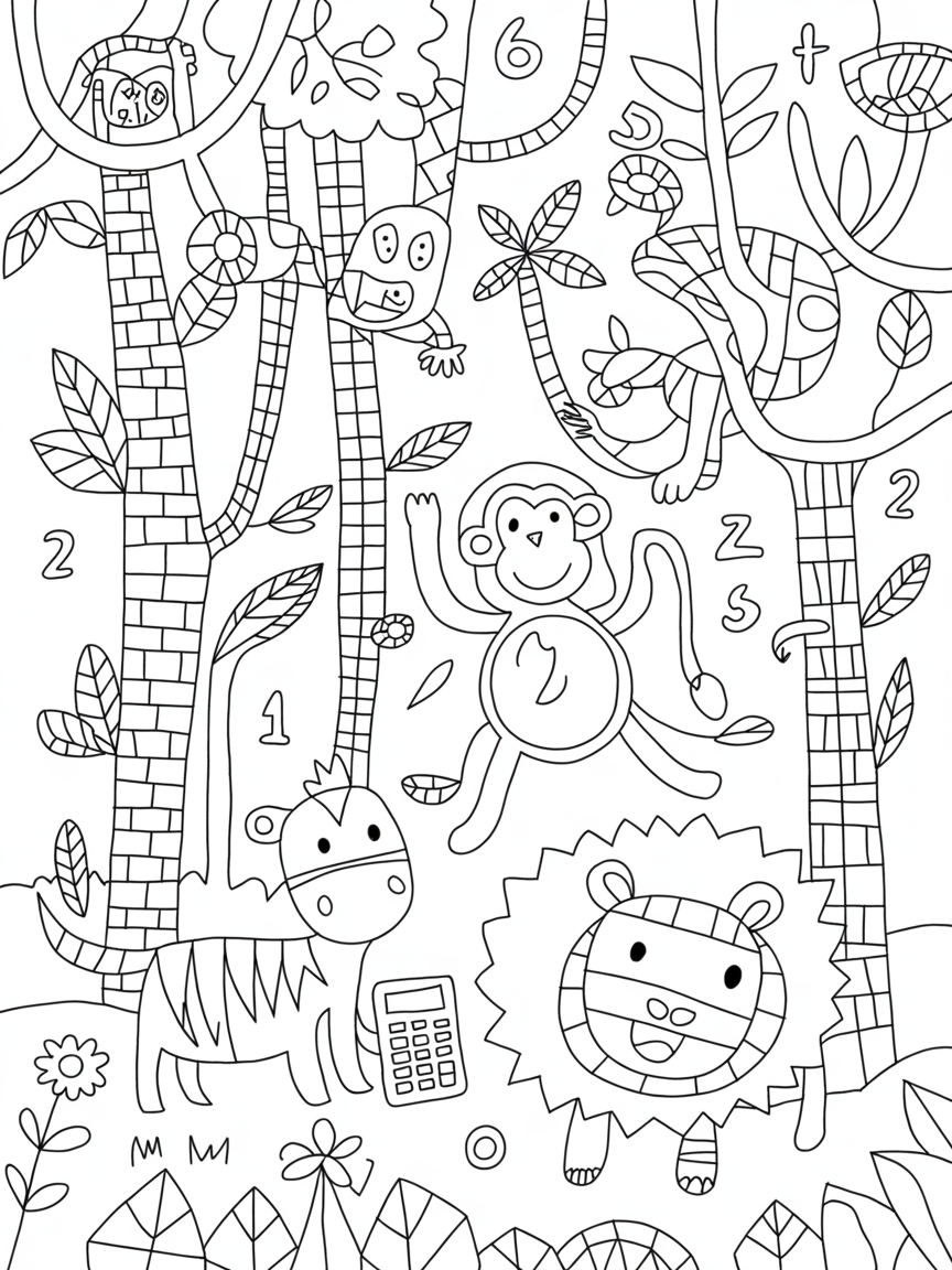 Mathematical Jungle with Graph Paper Vines - Free Coloring Page