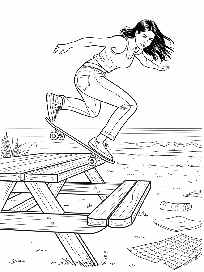 Woman with long dark hair, skinny jeans, and a baggy tank top performing a kick flip off of a table and preparing to transition into a nose slide on a park bench that is about one foot below the table. She is performing this trick in a picnic area along the beach. - Free Coloring Page