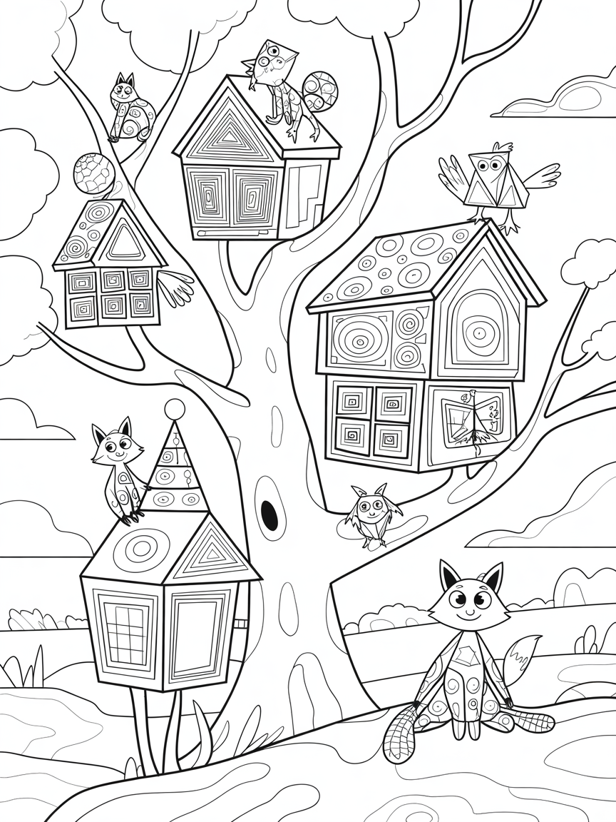 Fractal Treehouses with Mathematical Creatures - Free Coloring Page