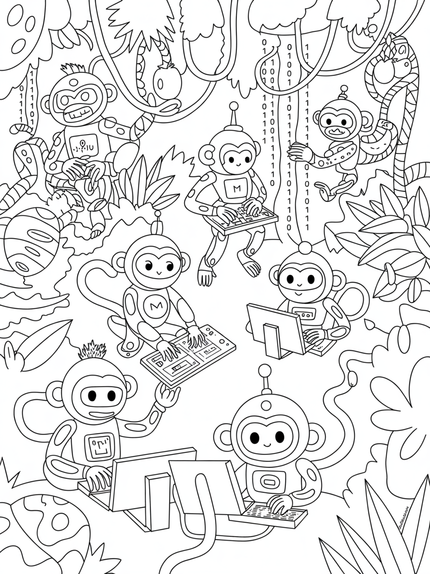 Robot monkeys programming in a digital jungle - Free Coloring Page