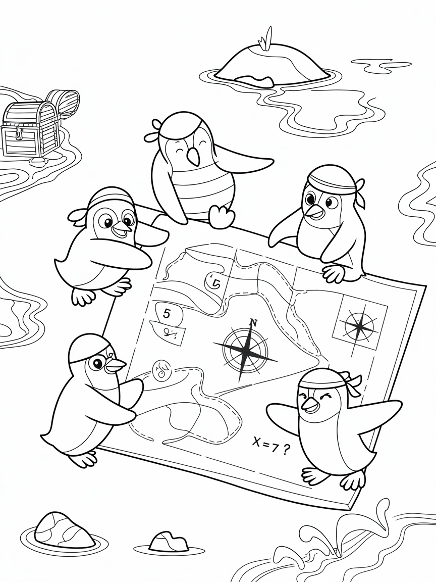 Pirate penguins piecing together a treasure math map - Free Coloring Page