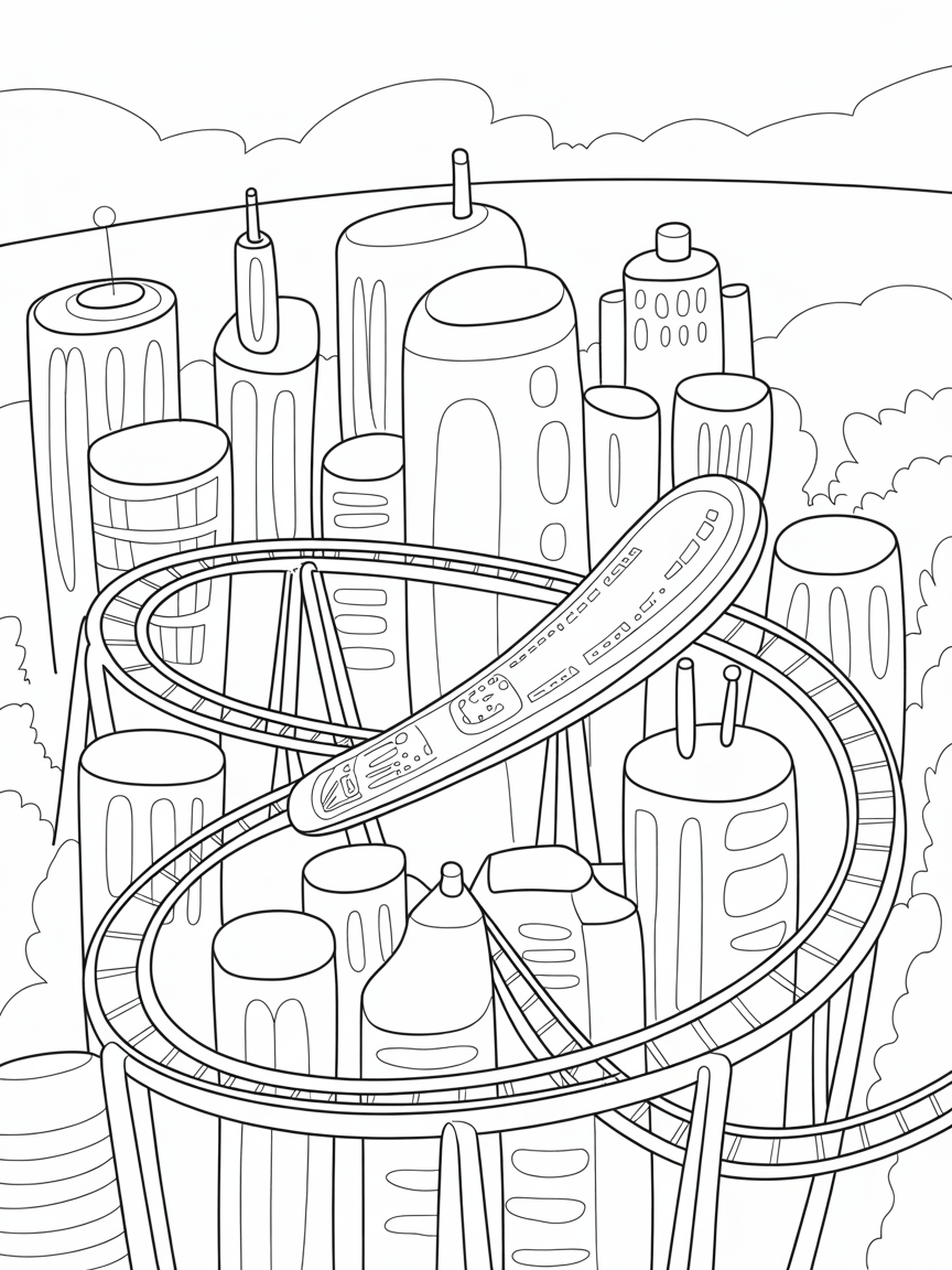 Holographic roller coaster in a future cityscape - Free Coloring Page