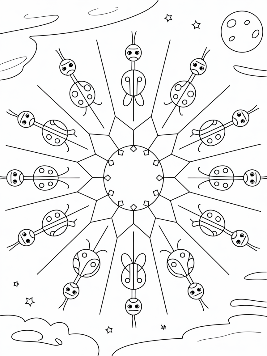 Symmetrical starburst with geometric bug constellations - Free Coloring Page
