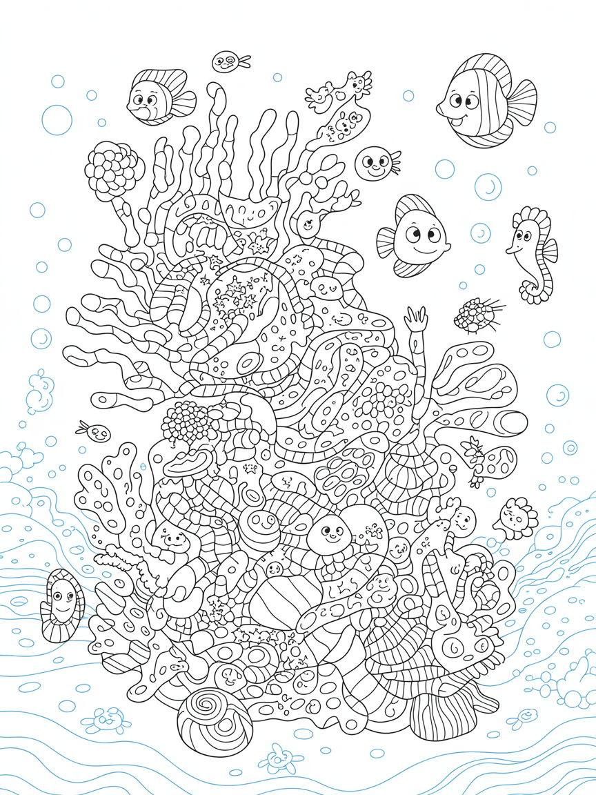Candy-themed fractal coral reef with sea creatures - Free Coloring Page