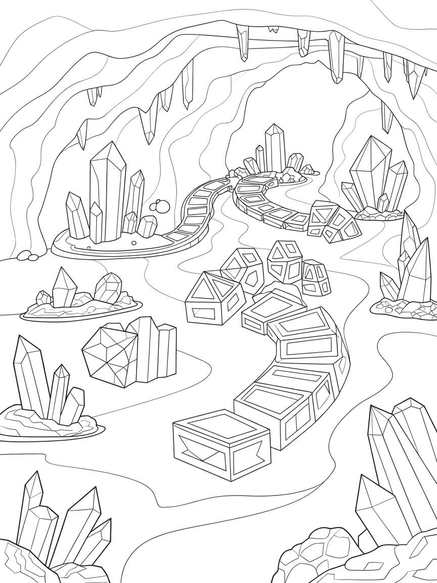 Crystal cavern playground with glowing geometry puzzles - Free Coloring Page