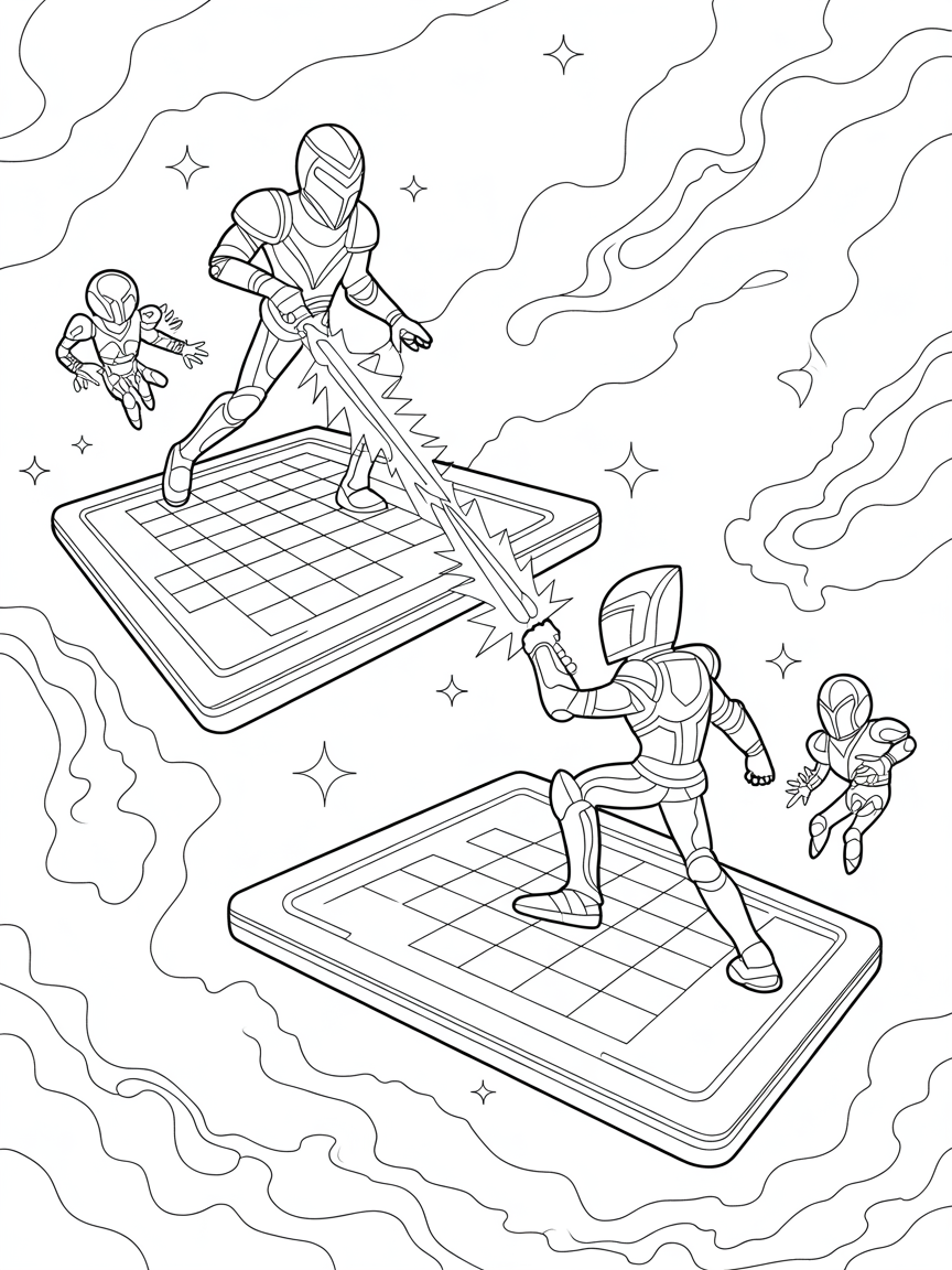 Galactic knights jousting on holographic chessboards - Free Coloring Page