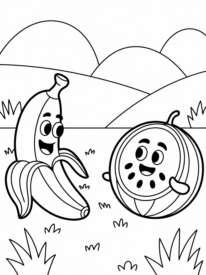 Banana talking to water melon - Free Coloring Page