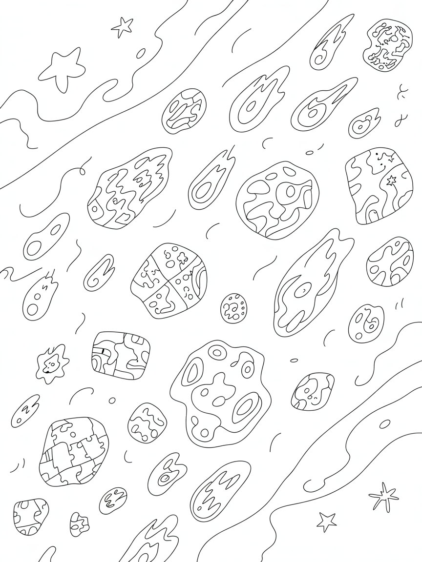 Asteroid belt filled with puzzle-shaped meteorites - Free Coloring Page