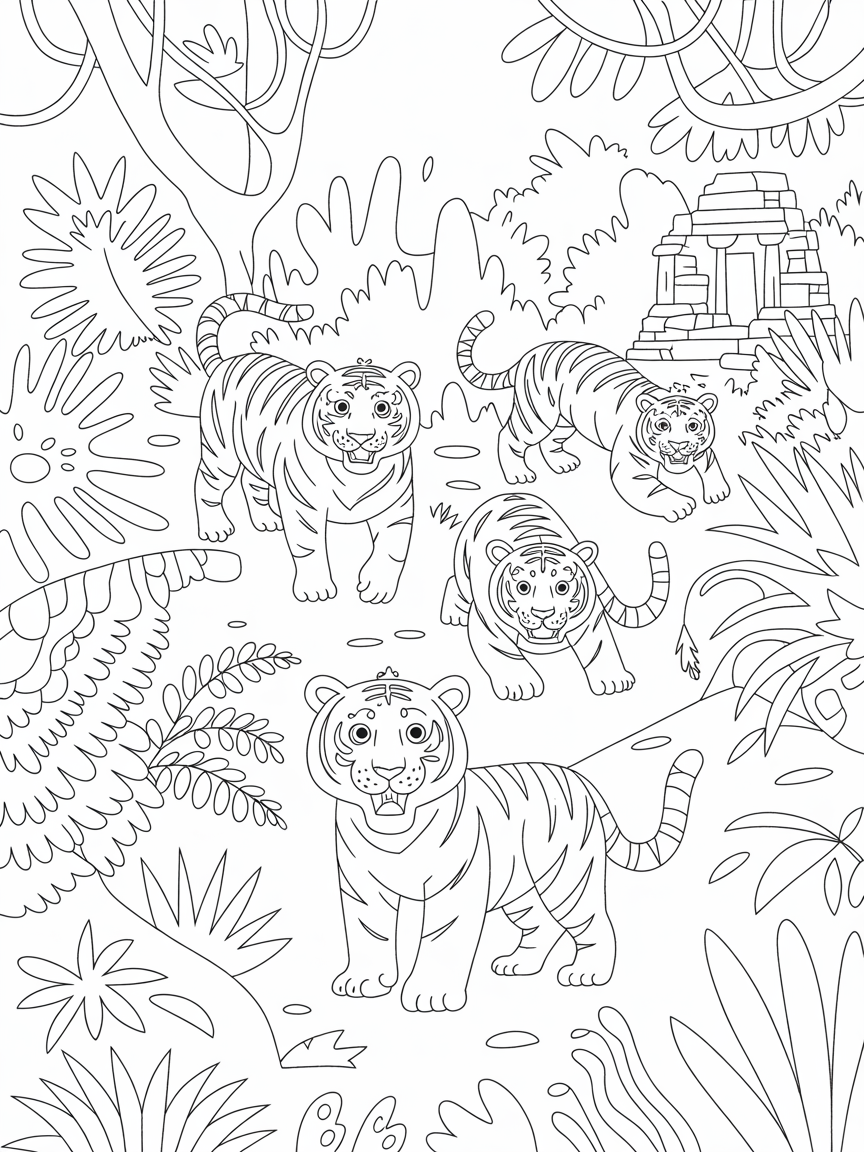 Gond tigers prowling a mystical jungle scene - Free Coloring Page