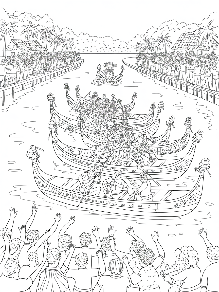 Traditional Kerala boat race with cheering crowds - Free Coloring Page