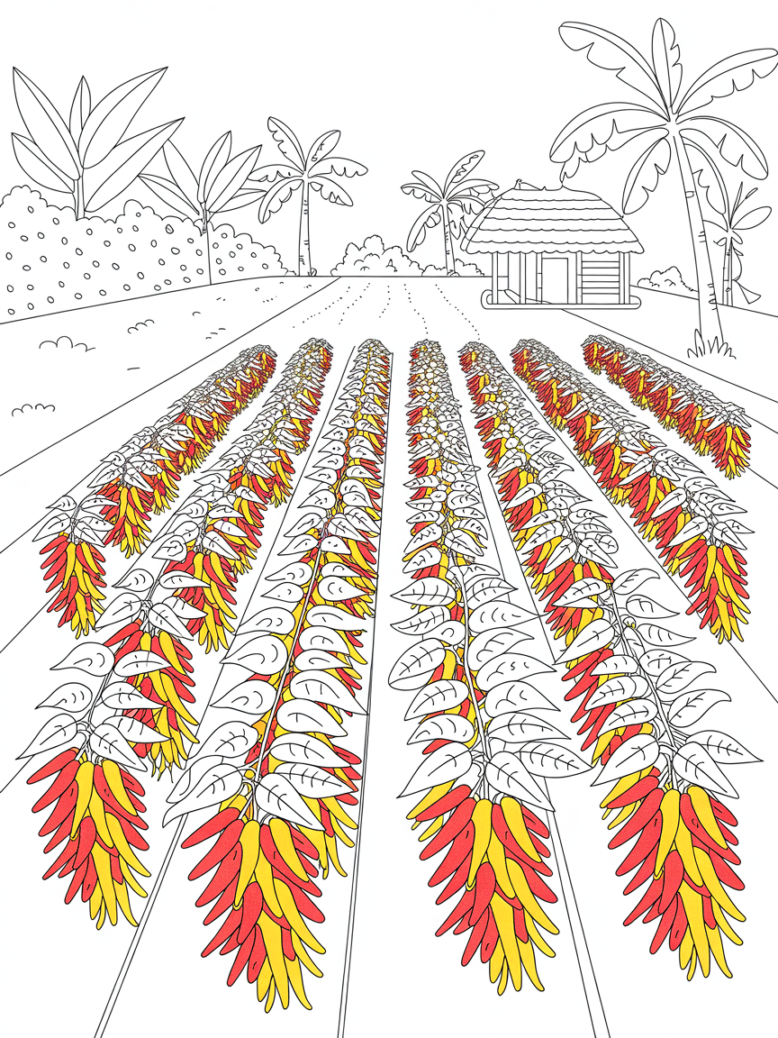 Kerala spice farm with vibrant hanging chili peppers - Free Coloring Page