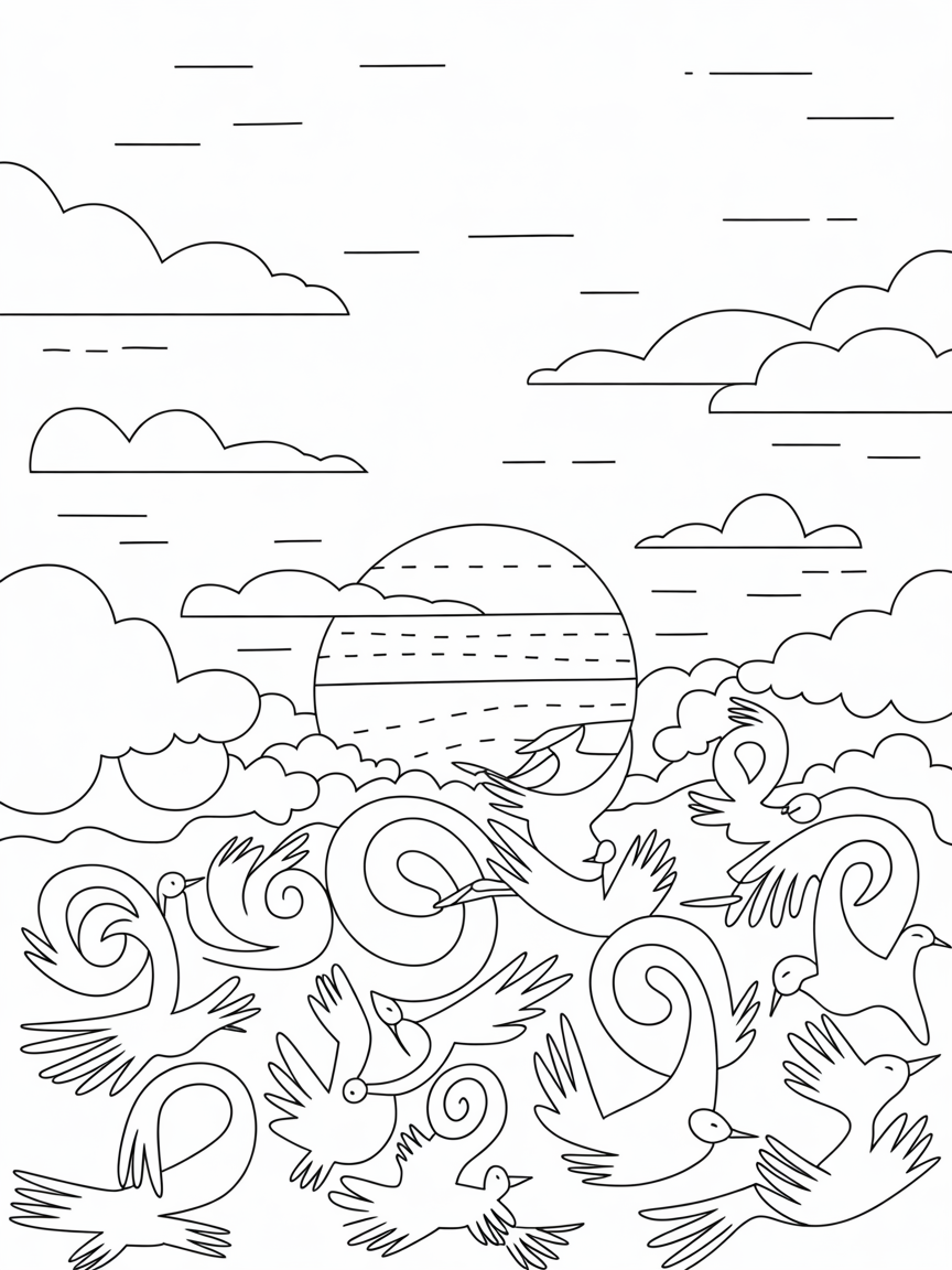 Gond birds forming patterns in a sunset sky - Free Coloring Page