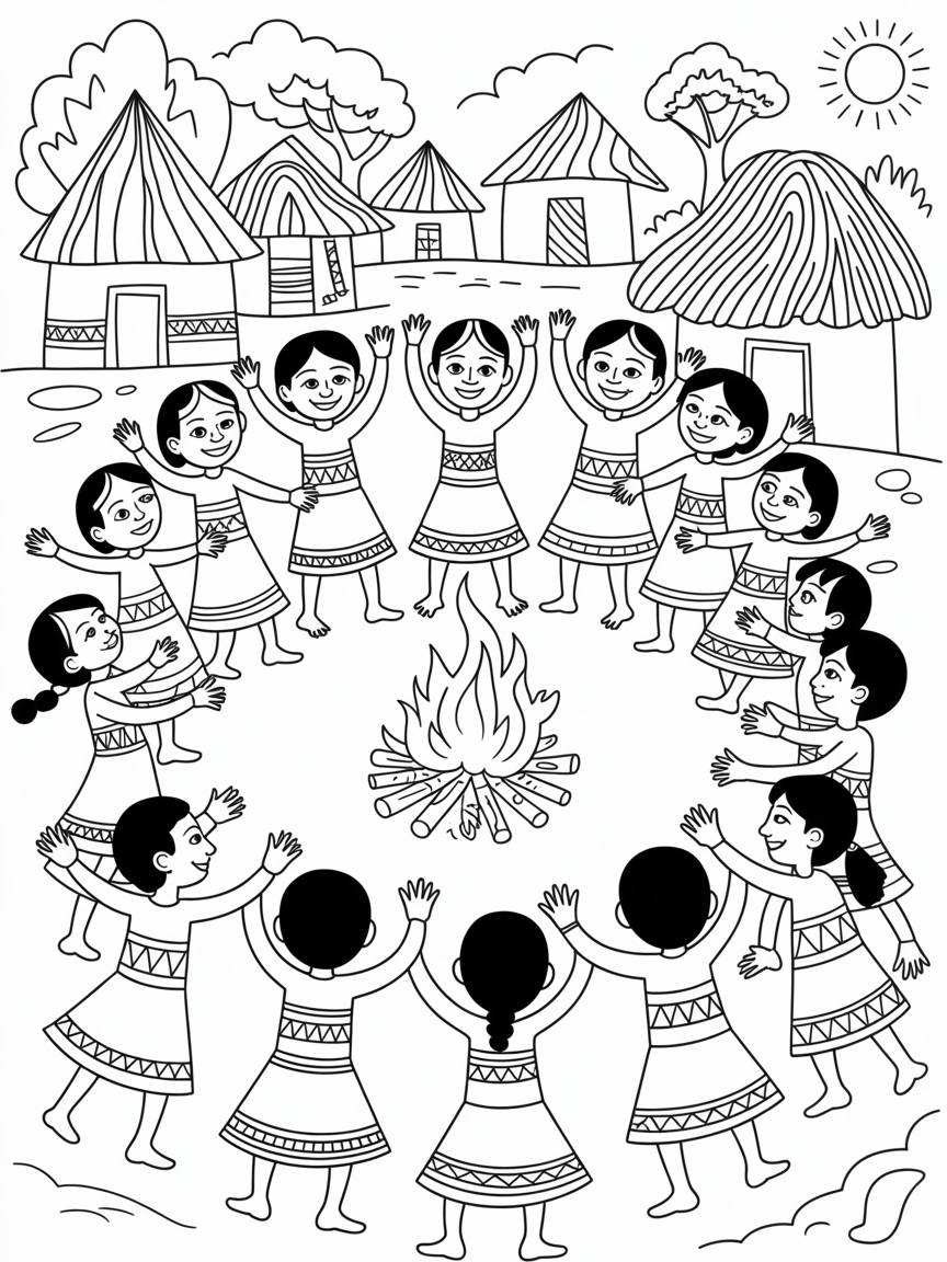 Warli villagers celebrating with traditional dance - Free Coloring Page