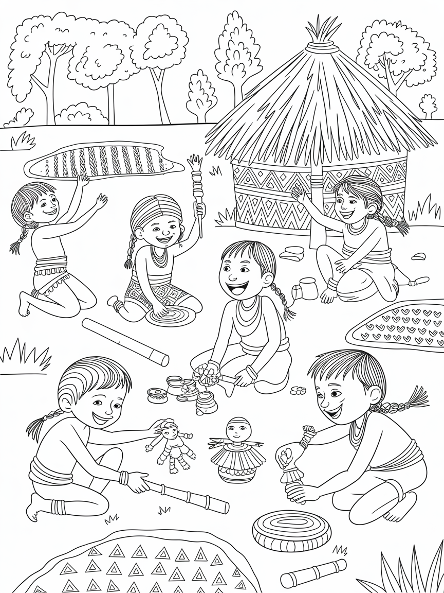 Warli children playing with traditional toys - Free Coloring Page