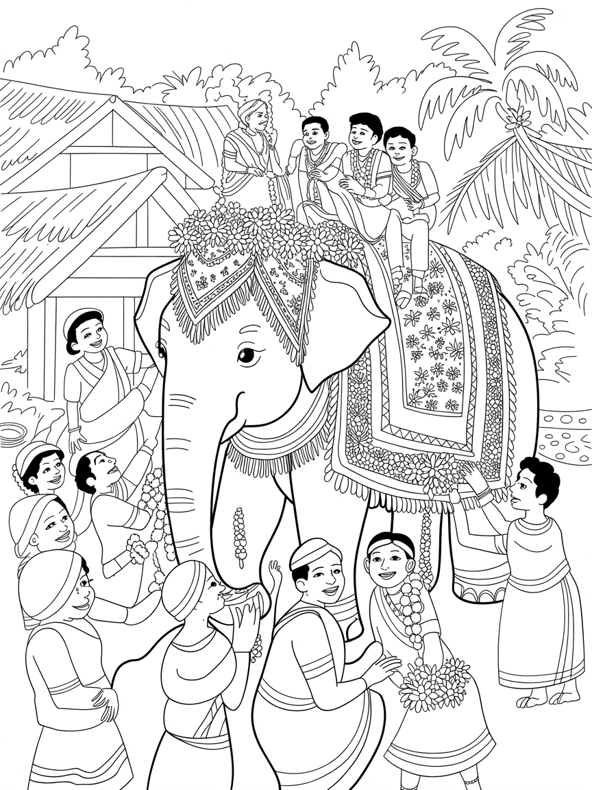 Kerala village wedding with a decorated elephant - Free Coloring Page