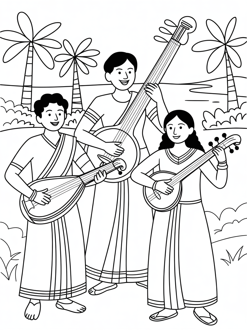 Kerala folk musicians with traditional instruments - Free Coloring Page