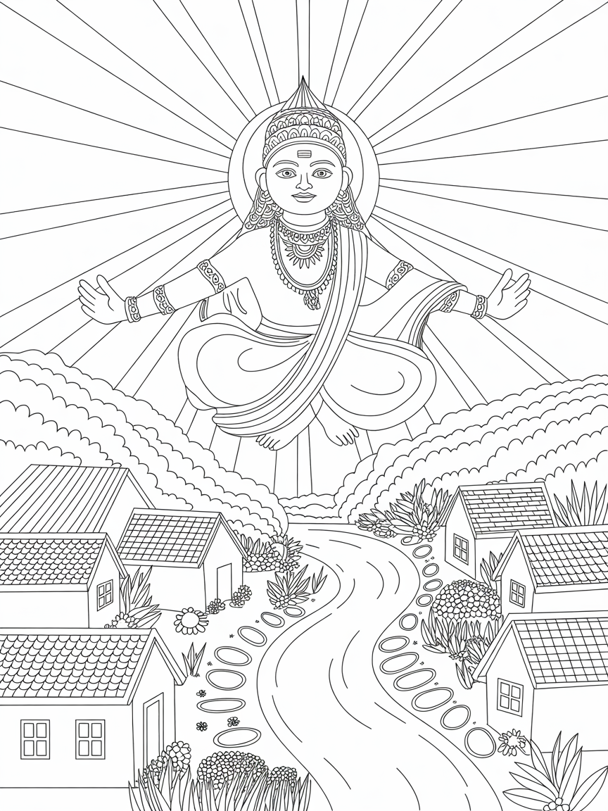 Gond sun god illuminating village life - Free Coloring Page