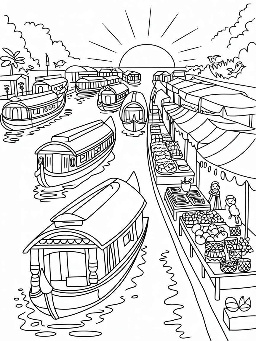 Kerala houseboats at a sunset market festival - Free Coloring Page