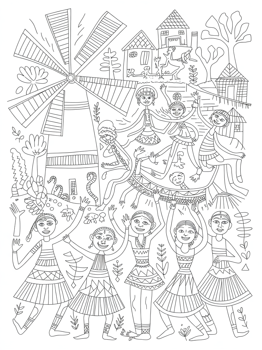 Warli windmill scene with spinning dancers - Free Coloring Page