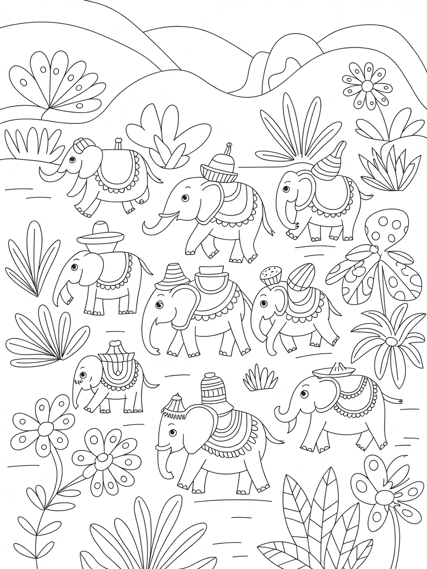 Gond-style elephant march through a colorful jungle - Free Coloring Page