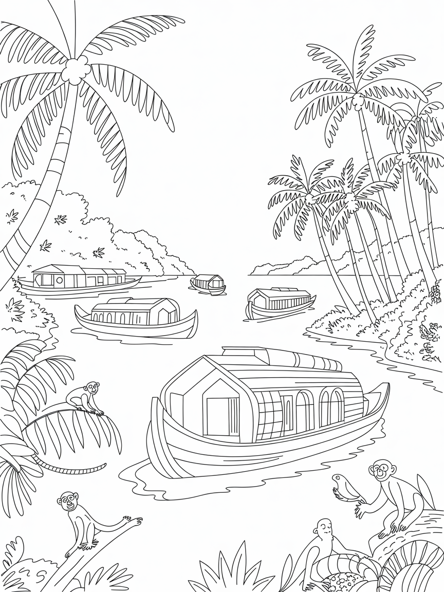 Kerala backwaters bustling with houseboats and wildlife - Free Coloring Page