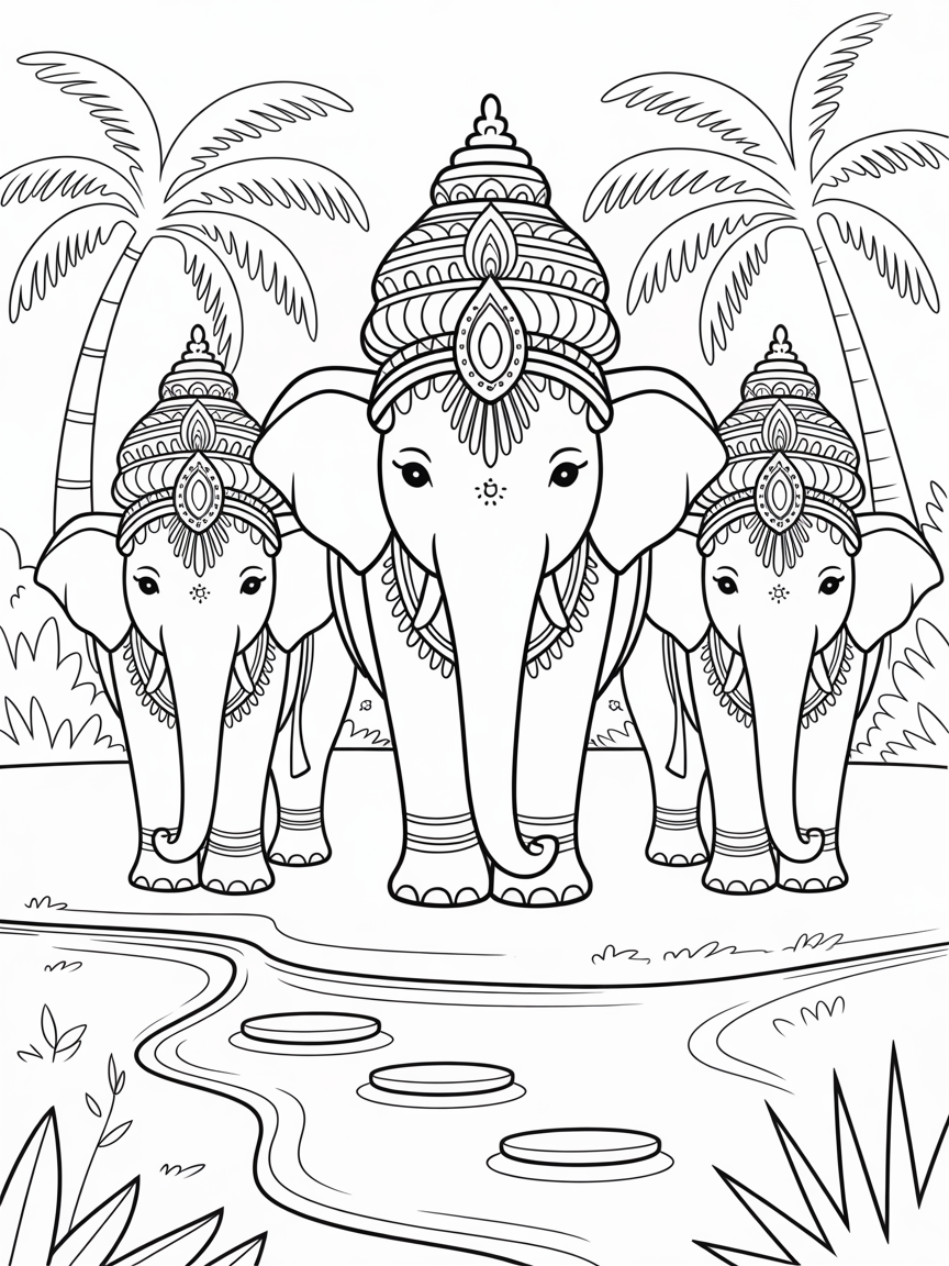 Kerala temple elephants with vibrant headdresses - Free Coloring Page
