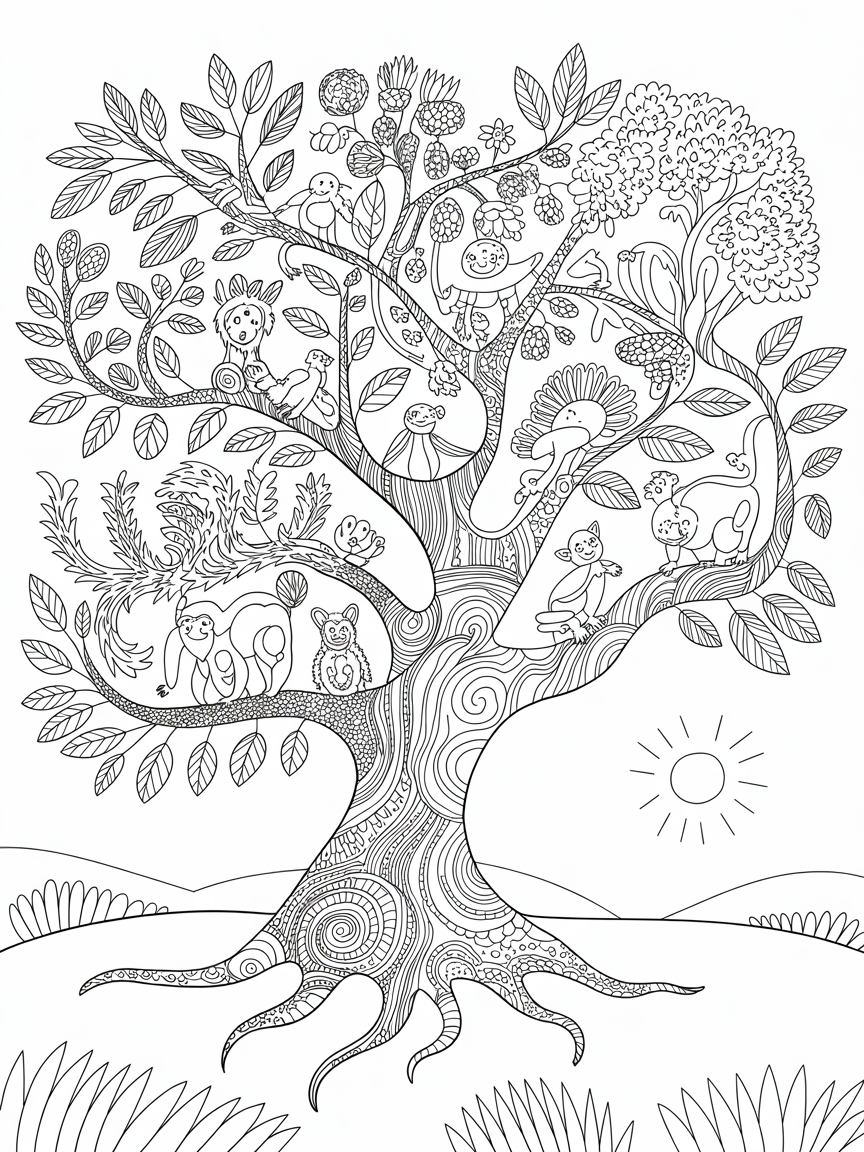 Gond tree of life filled with colorful creatures - Free Coloring Page