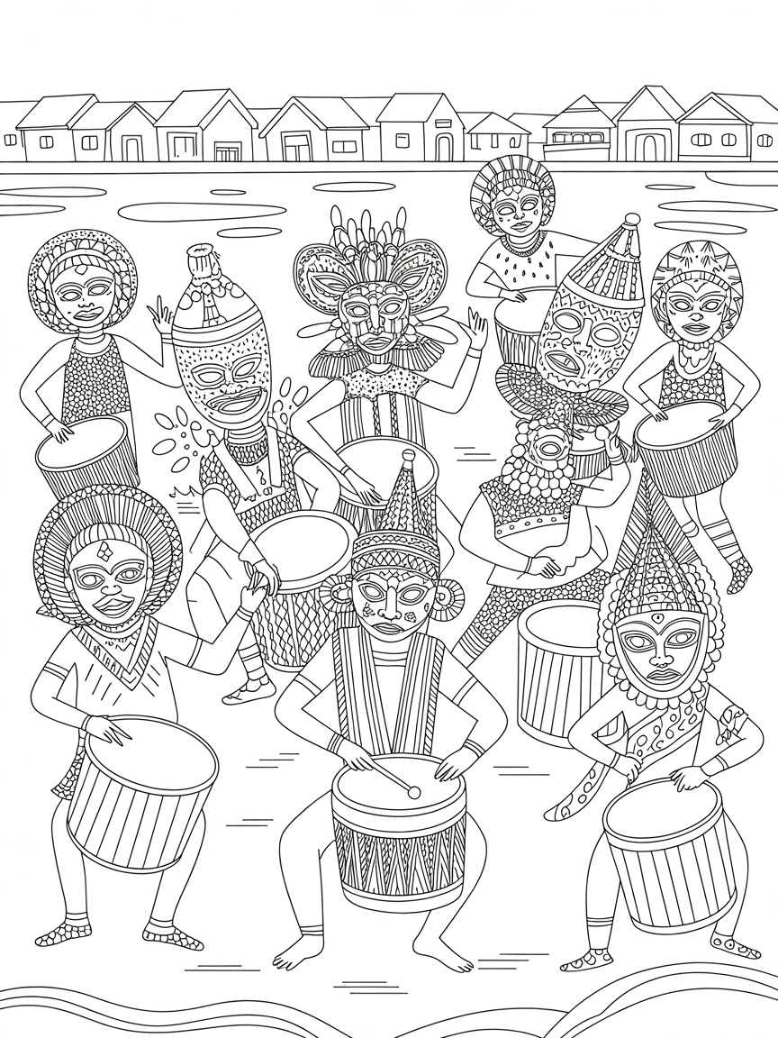 Gond festival with vibrant masks and drums - Free Coloring Page