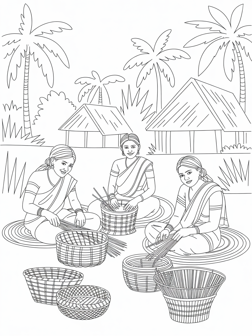 Kerala village women weaving traditional baskets - Free Coloring Page