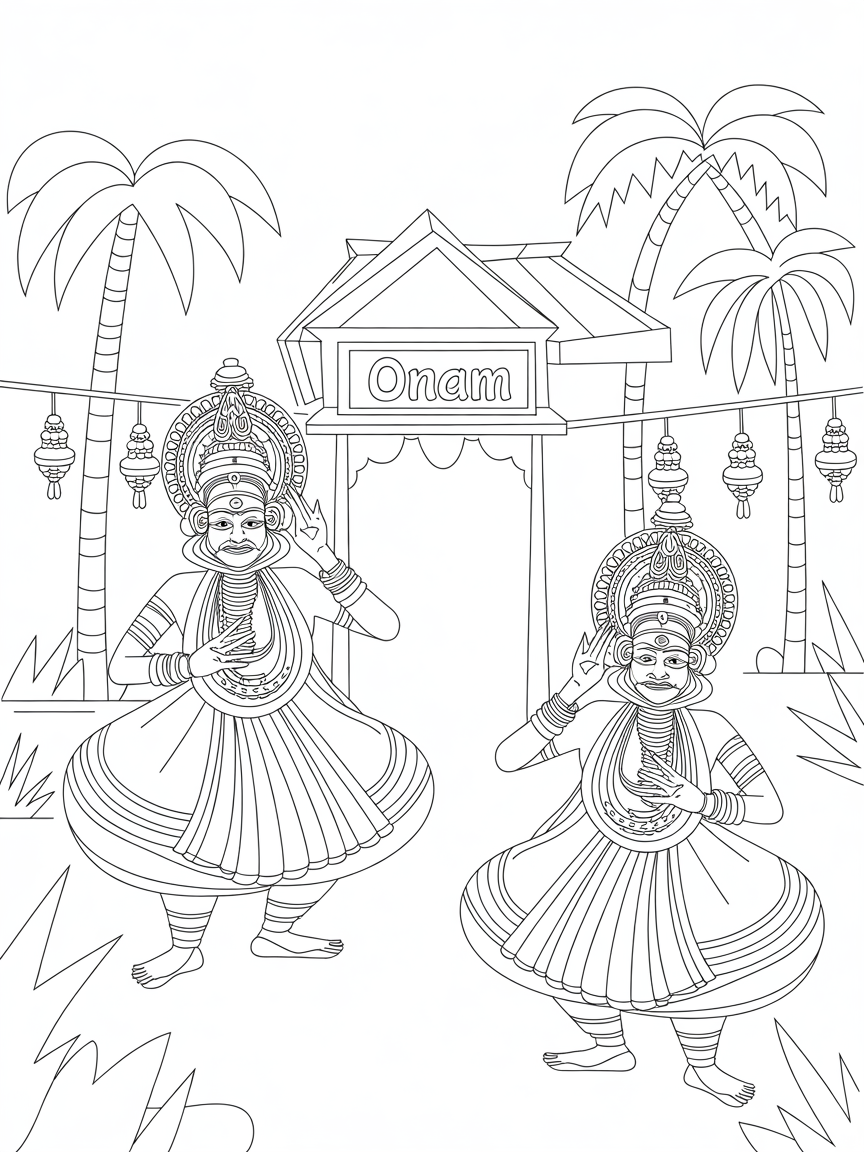 Kerala village festival featuring traditional Kathakali dancers - Free Coloring Page