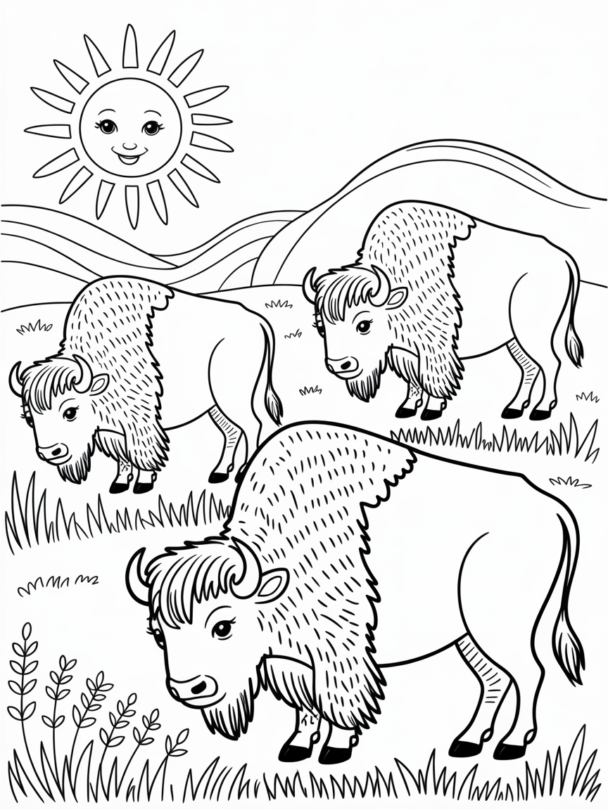 Gond-style buffalo grazing under a vibrant sun - Free Coloring Page