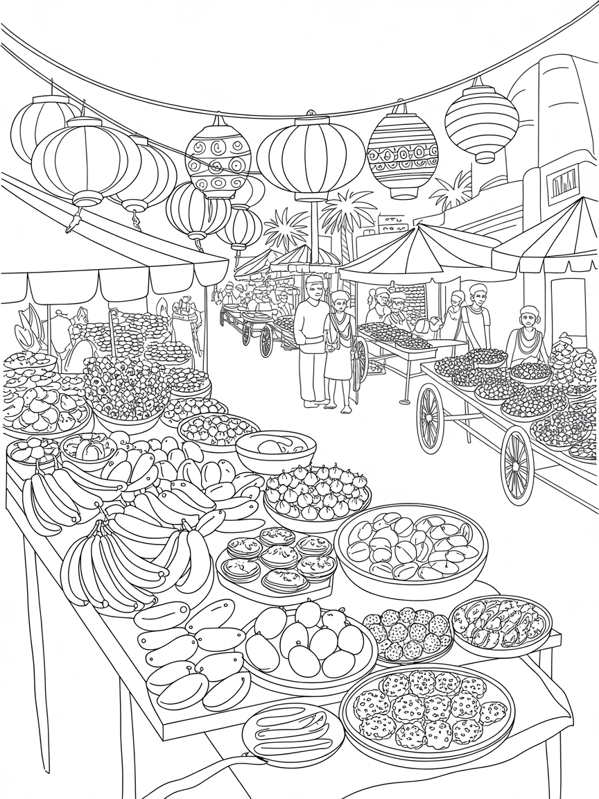 Kerala festival market with colorful lanterns and foods - Free Coloring Page