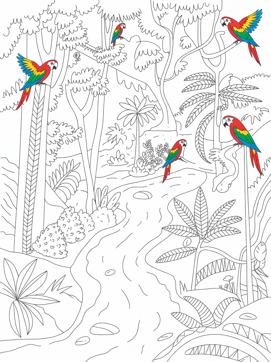 Gond jungle scene with vibrant parrots and patterns - Free Coloring Page