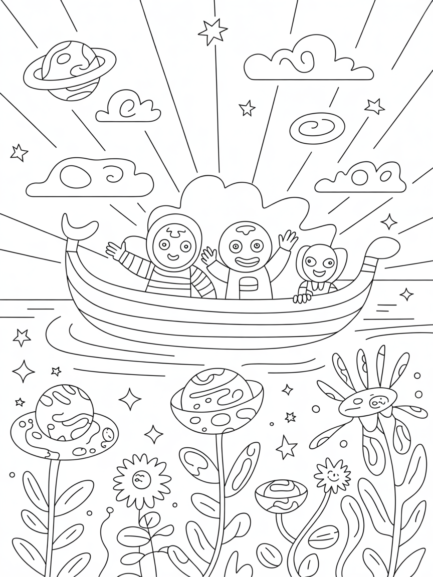 Gond-style cosmic garden with celestial creatures - Free Coloring Page
