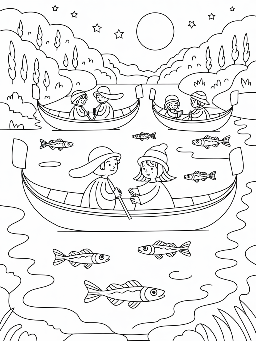 Gond moonlit river dance with glowing fish - Free Coloring Page