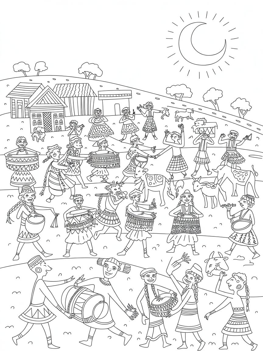 Warli farmers celebrating a moon festival parade - Free Coloring Page