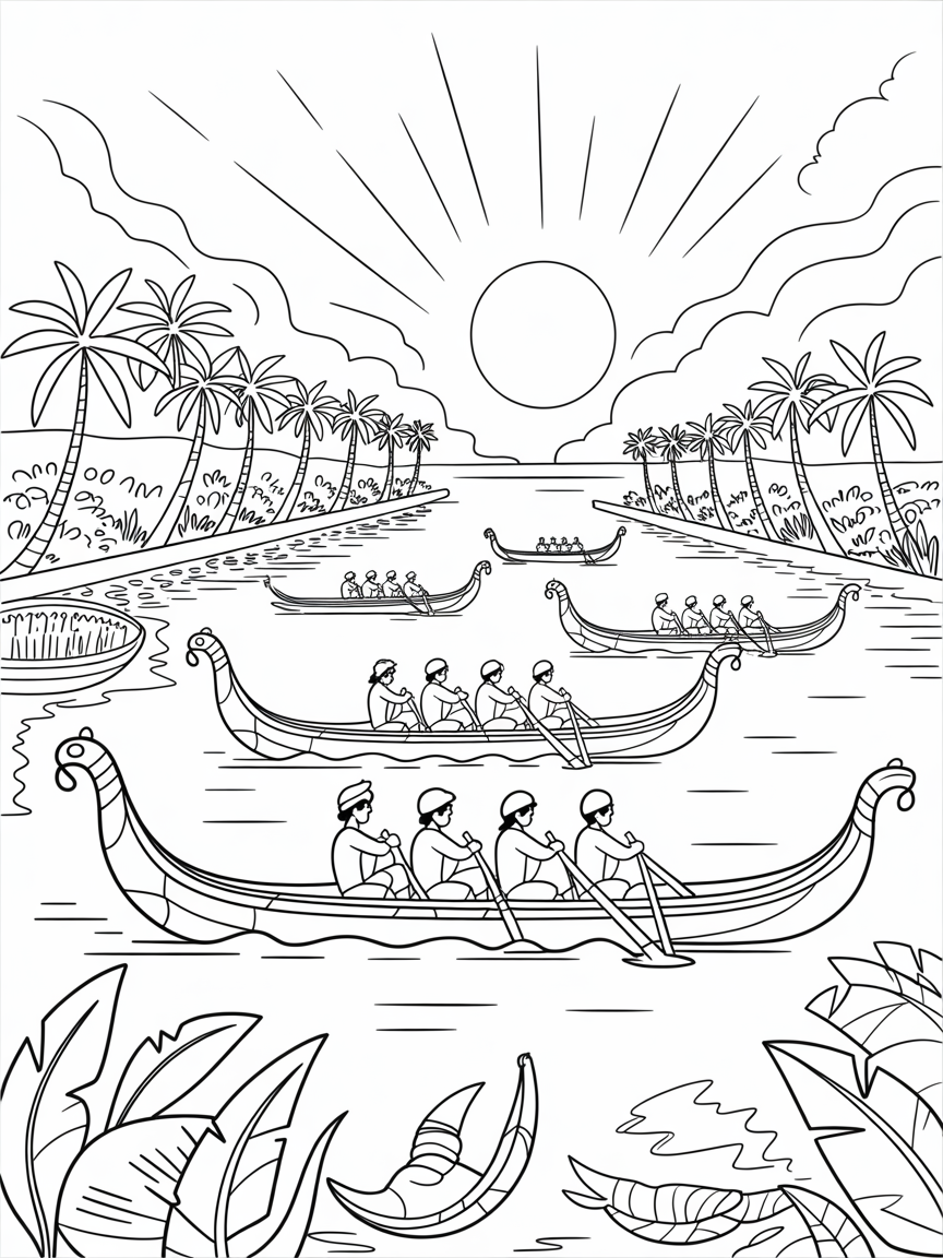 Kerala sunset with vibrant traditional boat races - Free Coloring Page