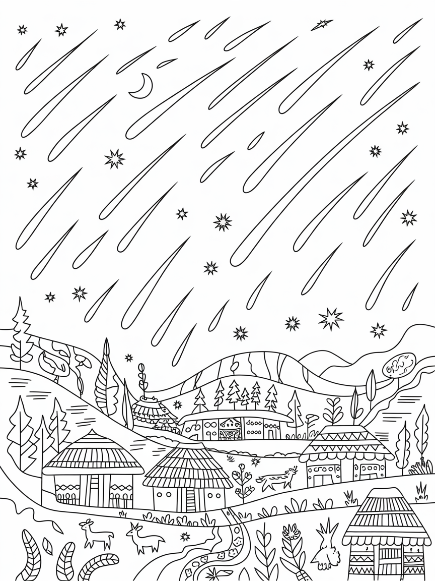 Warli village under a glowing meteor shower - Free Coloring Page