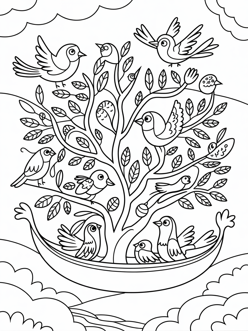Gond-style tree canopy filled with mystical birds - Free Coloring Page