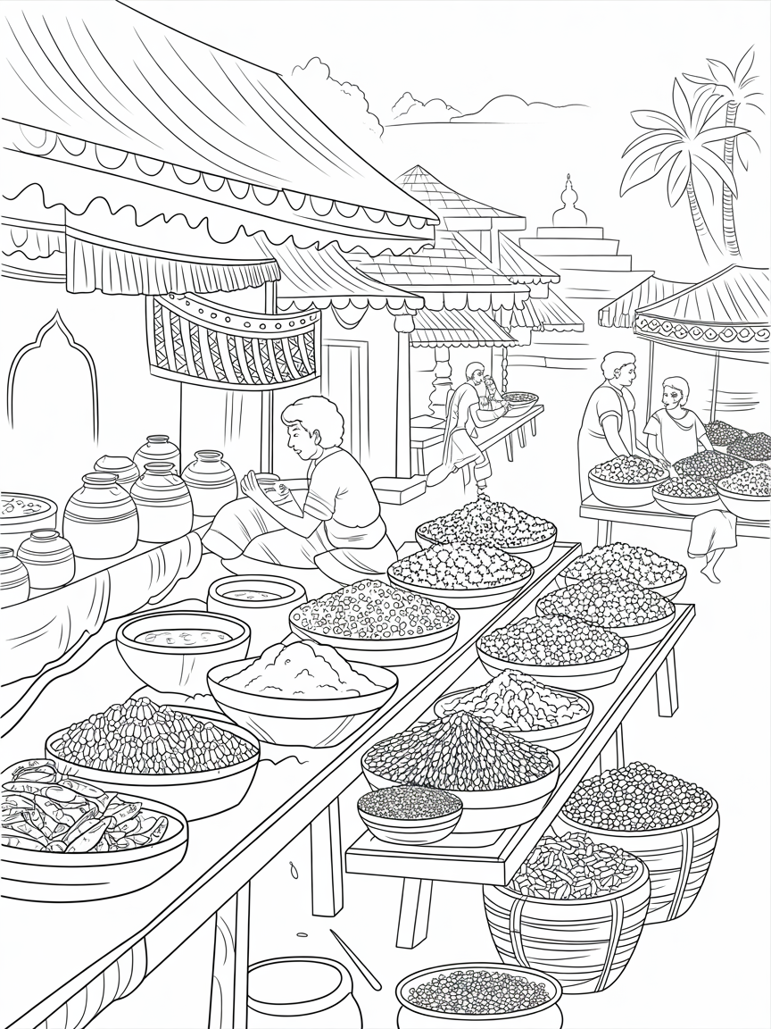 Vibrant Kerala spice market with traditional patterns - Free Coloring Page