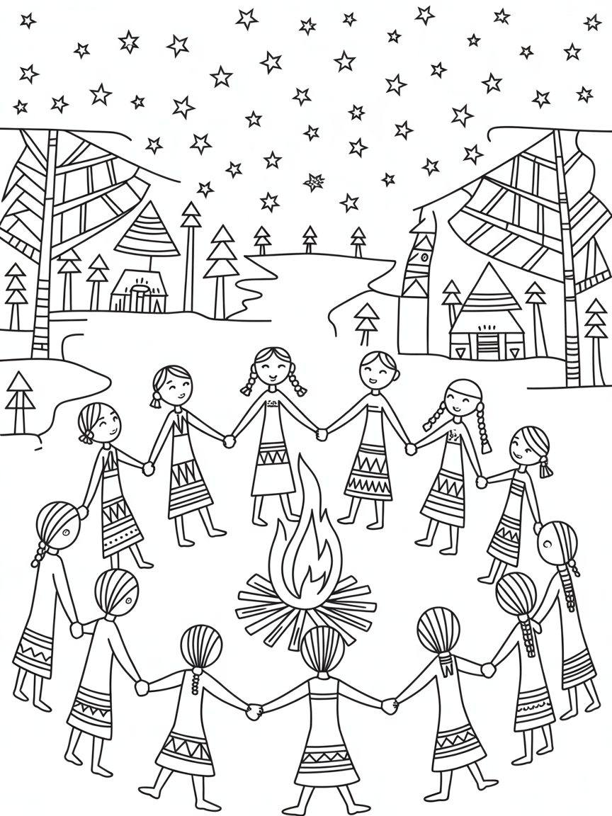 Warli inspired family gathering under a starlit sky - Free Coloring Page