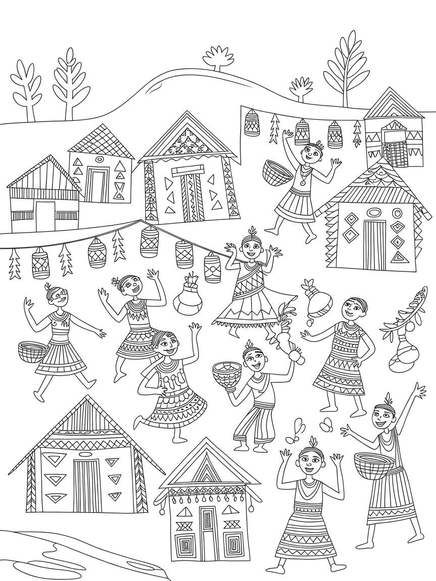 Warli village scene bustling with festival lanterns - Free Coloring Page