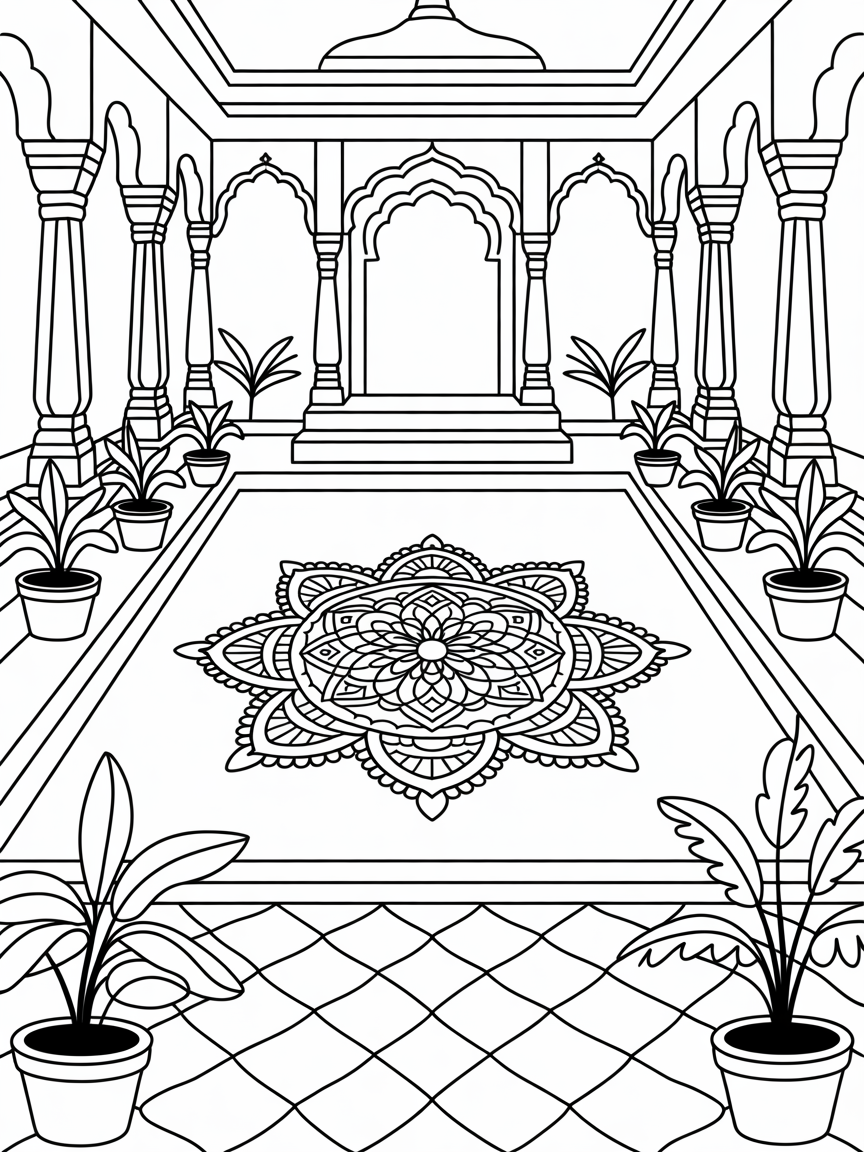 Kerala temple courtyard with a colorful Rangoli design - Free Coloring Page