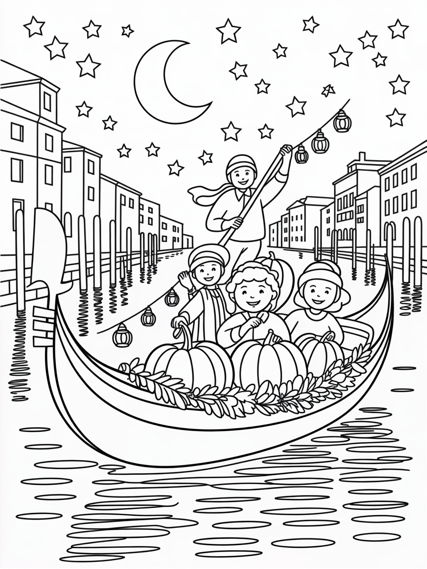 Gond-style celebration of a harvest festival under moonlight - Free Coloring Page
