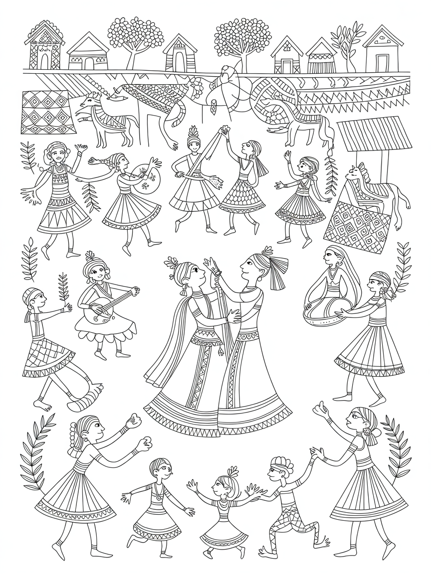 Traditional Warli wedding scene full of intricate details - Free Coloring Page