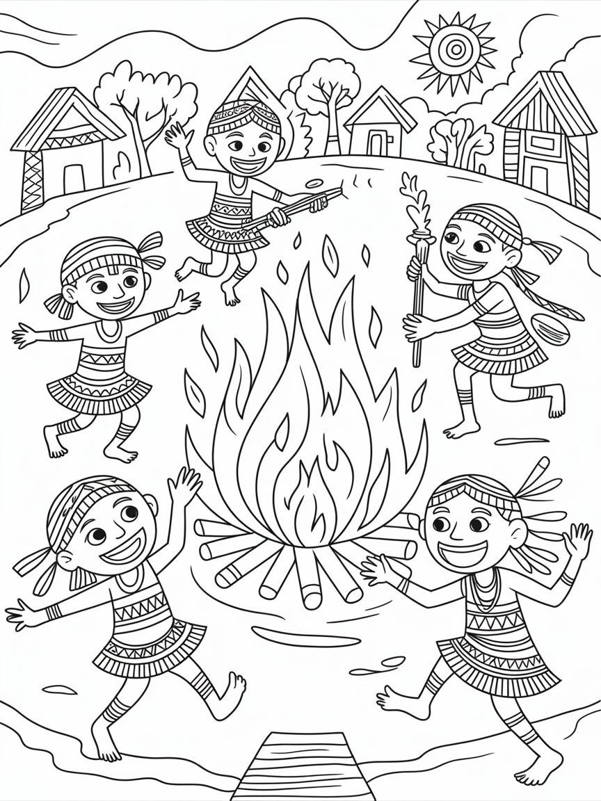 Warli children playing around a mystical bonfire - Free Coloring Page