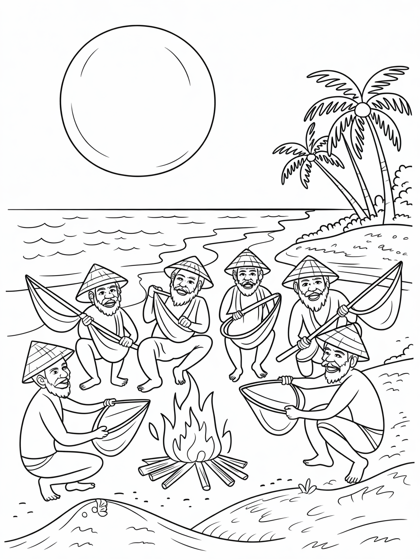Kerala fishermen singing sea shanties under moonlight - Free Coloring Page
