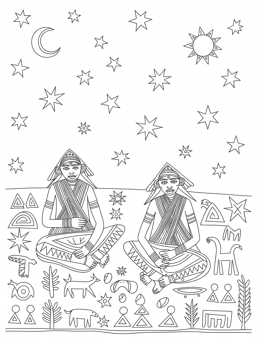Warli storytellers under a cosmic night sky - Free Coloring Page