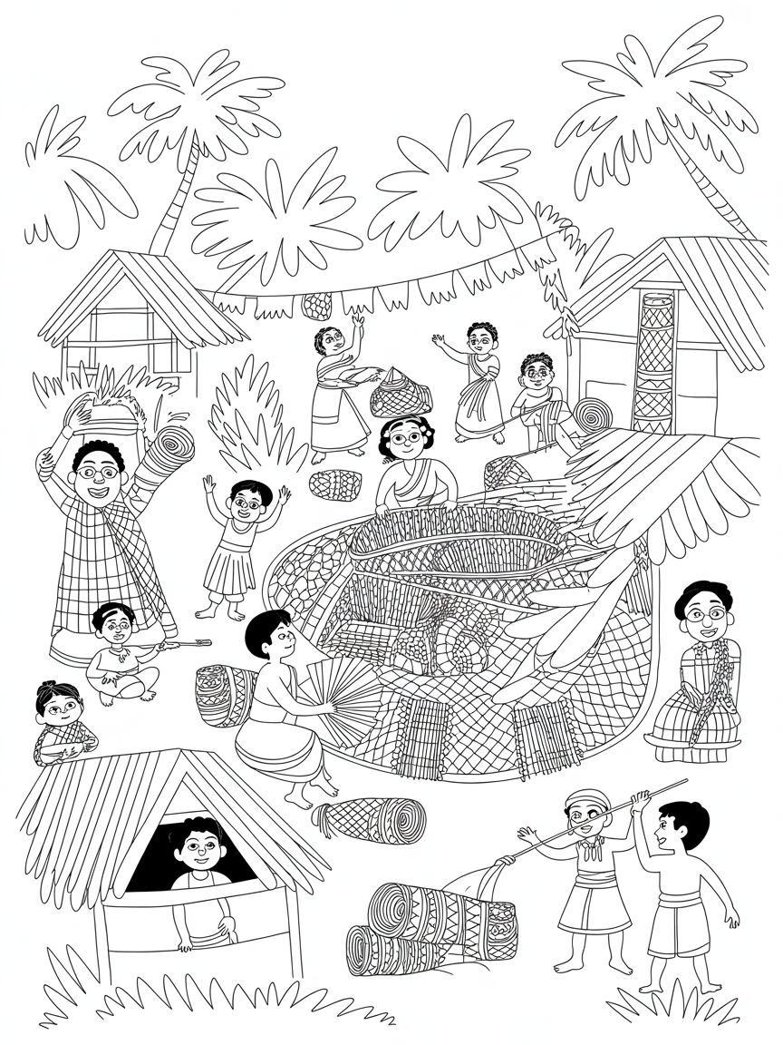 Vibrant Kerala coir weaving village celebration - Free Coloring Page