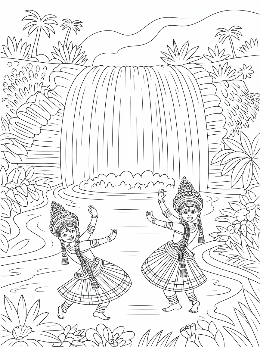Majestic Kerala waterfall with traditional dancers - Free Coloring Page